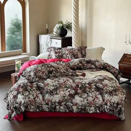 Elegant green and white rose bedding set with floral pattern ruffled edges and vibrant red satin lining 1000tc egyptian cotton