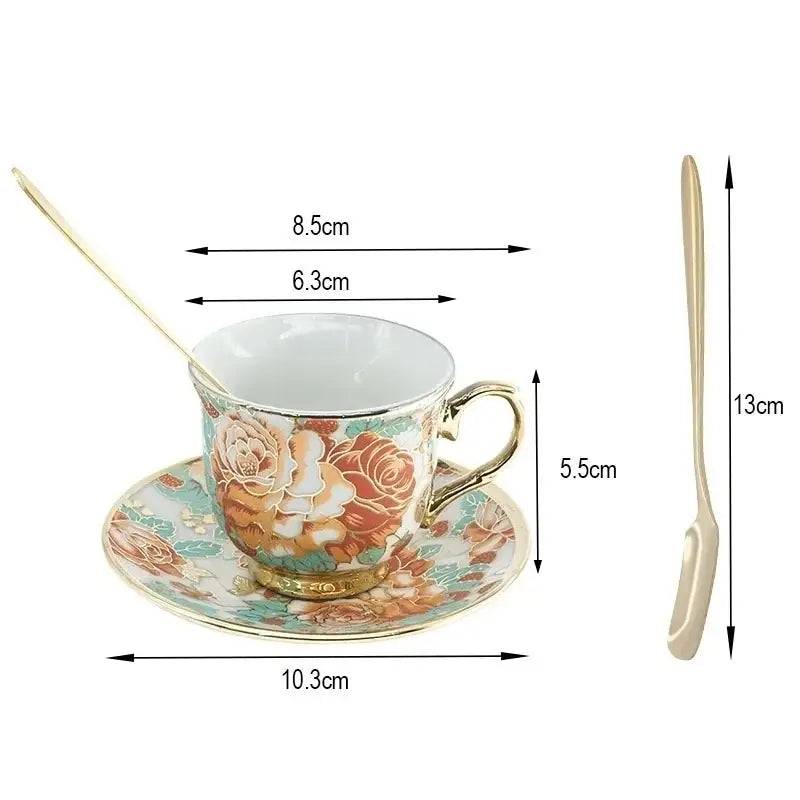 Elegant hand painted flower ceramic coffee cup set with gold-trimmed floral design in peach coral and teal hues