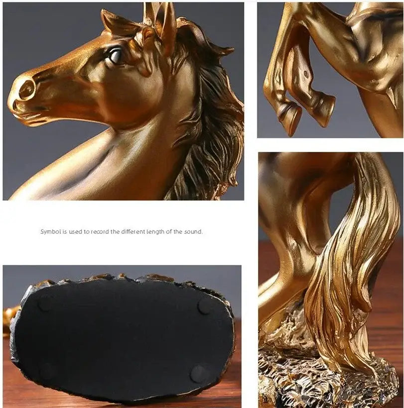 Golden horse resin sculpture by decorbites with detailed mane and muscular build on textured base for living room decor