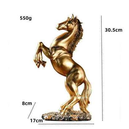 Elegant golden metallic horse resin sculpture with detailed mane and tail on textured rocky base for living room decorbites horse resin