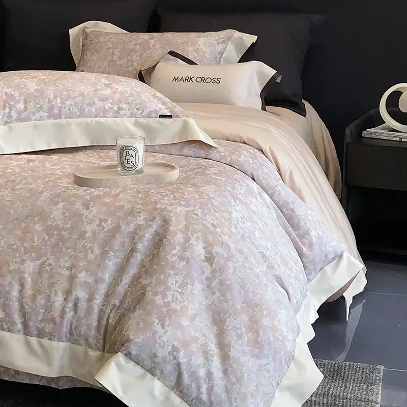 Elegant ivory and dark brown floral egyptian cotton bedding set with light lavender floral duvet and cream satin trim