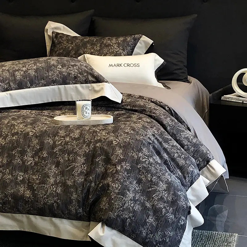 Dark gray floral-patterned egyptian cotton bedding sets with white satin trim and mark cross logo pillow sham