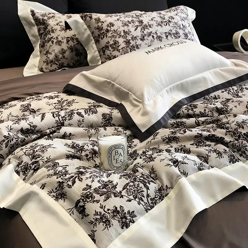 Elegant ivory and dark brown floral egyptian cotton bedding sets with satin trim and mark cross embroidered pillowcase