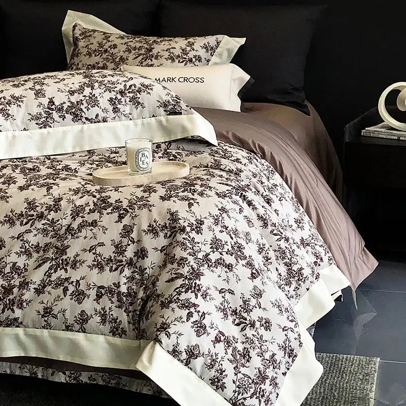 Elegant ivory and dark brown floral egyptian cotton bedding sets with satin trim in cotton bedding sets for bedroom