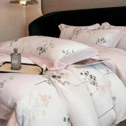 Pink satin bedding set with delicate floral patterns in soft gray and blush tones made from eucalyptus fiber decorbites eucalyptus fiber