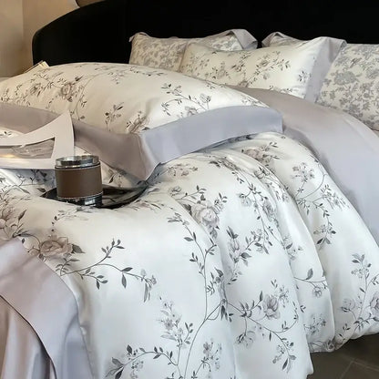 Elegant ivory satin duvet cover bedding set with gray floral embroidery made from eucalyptus fiber decorbites eucalyptus fiber