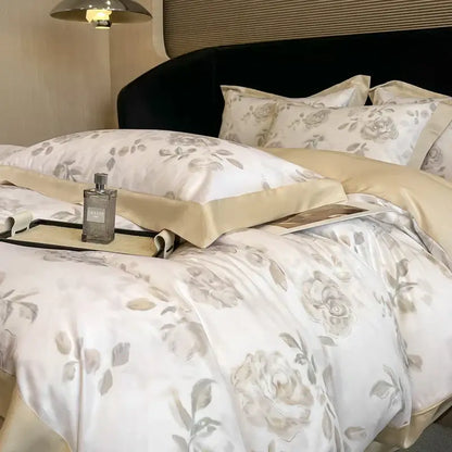 Elegant ivory satin eucalyptus fiber bedding set with gray floral embroidery and soft gold trim for decorbites eucalyptus fiber decor