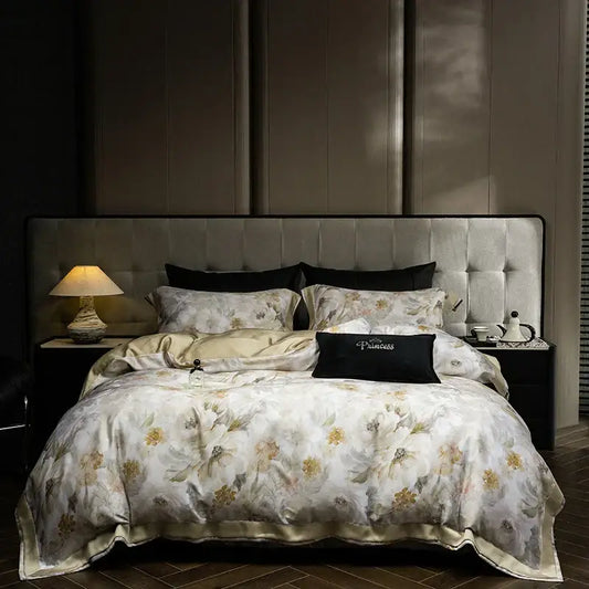 Elegant ivory satin duvet cover with gold and gray floral print embroidery in eucalyptus fiber bedding set