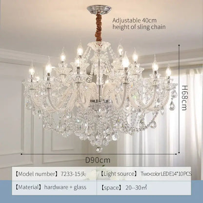 Elegant led crystal chandelier with silver metal frame clear glass crystals and adjustable 40cm sling chain for dining room