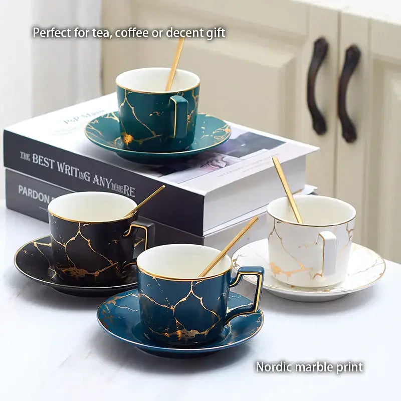 Set of three ceramic tea cups with teal black and white nordic marble print gold trim and matching saucers ceramic tea set