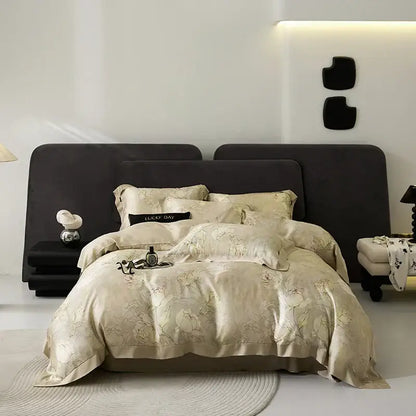 Cream-colored satin bedding set with delicate gold floral embroidery for elegant mint floral eucalyptus fiber bedding decorbites