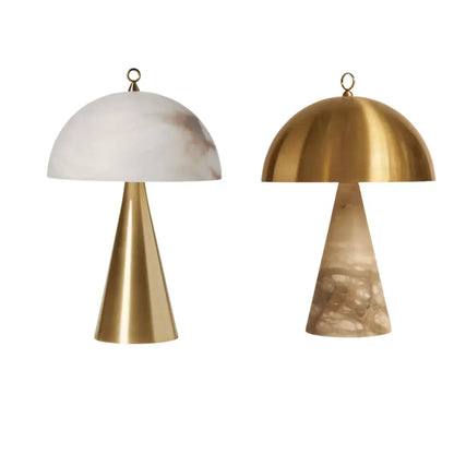 Two elegant natural marble table lamps with white marble and brass shades for stylish bedroom decorbites lighting