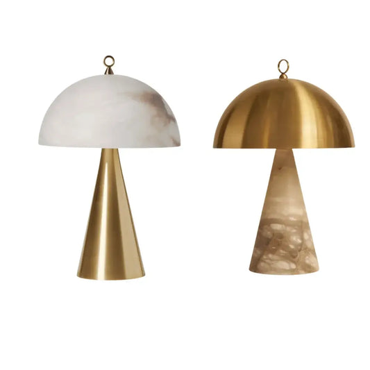 Two elegant natural marble table lamps with white marble and brass shades for stylish bedroom decorbites lighting