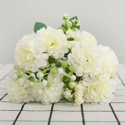 Elegant pink decorbites daisy bouquet featuring artificial white hydrangeas with green berries for living room decor
