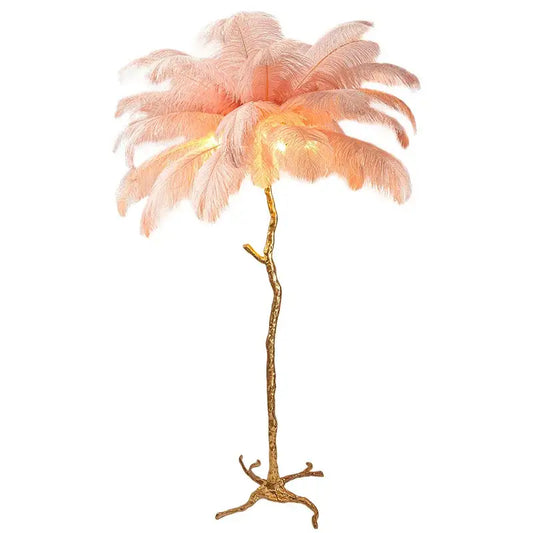 Elegant pink ostrich feather floor lamp with a golden branch base by decorbites elegant feather for bedroom decor