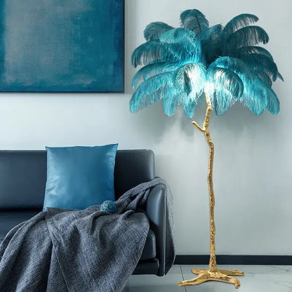 Elegant feather floor lamp with golden tree trunk base and turquoise feather canopy for decorbites elegant feather decor