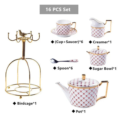 Gold birdcage with ornate metalwork and decorative bird atop complements decorbites gold porcelain coffee set decor