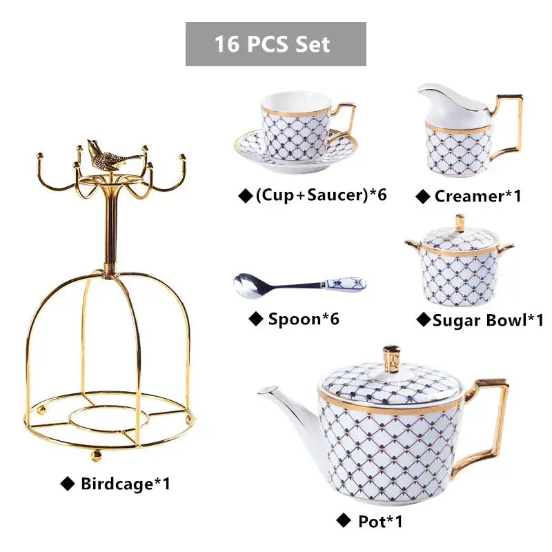 Elegant red and gold porcelain coffee set features decorbites gold birdcage with ornate curved hooks and decorative bird
