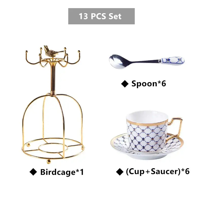 Elegant red and gold porcelain coffee set with decorbites gold birdcage featuring ornate curved bars and decorative bird