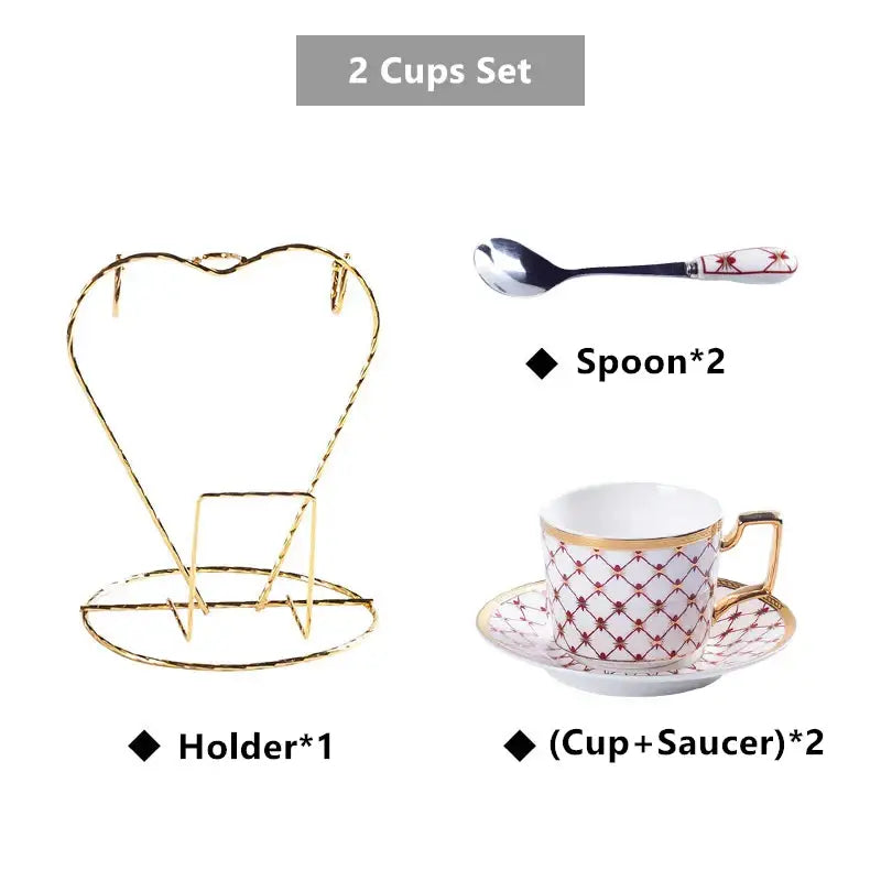 Gold heart-shaped metal cup holder with twisted wire design from decorbites gold porcelain coffee set tea service