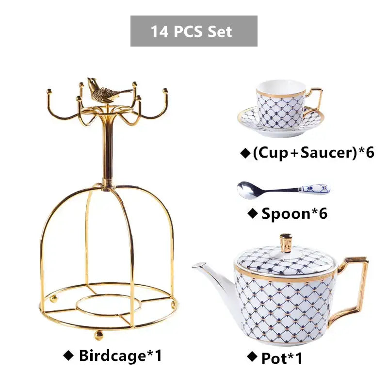 Elegant red and gold porcelain coffee set featuring a decorbites gold metal birdcage with ornate curved hooks and decorative bird