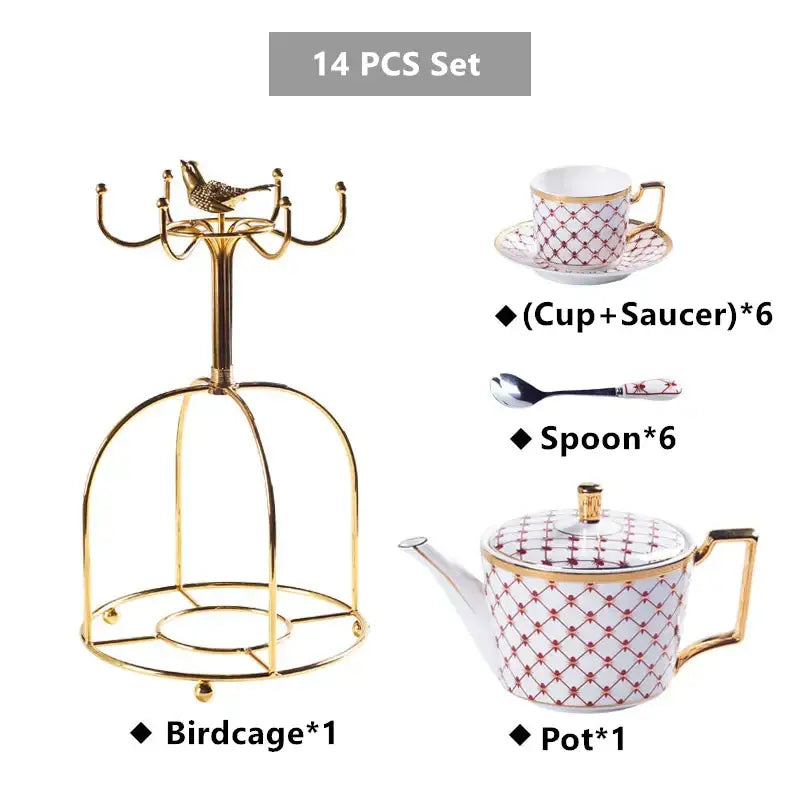 Elegant red and gold porcelain coffee set featuring a gold metal birdcage with ornate curved hooks and decorative bird decorbites gold porcelain