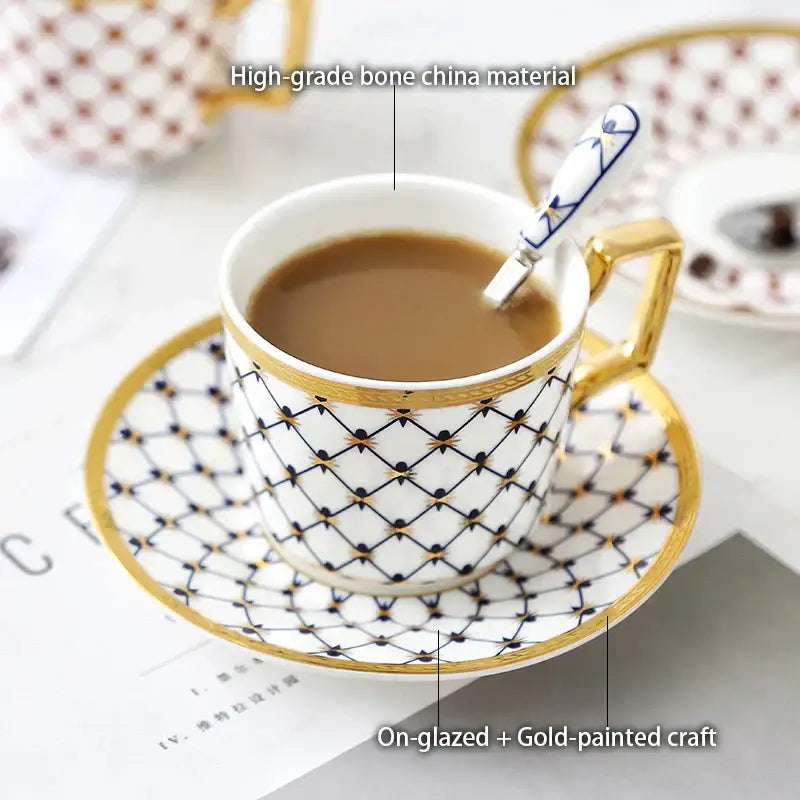Elegant white bone china coffee cup with black lattice pattern and gold-trimmed rim in decorbites gold porcelain set