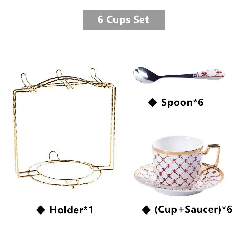 Elegant white porcelain cup and saucer set with red diamond lattice and gold trim for decorbites gold porcelain coffee service