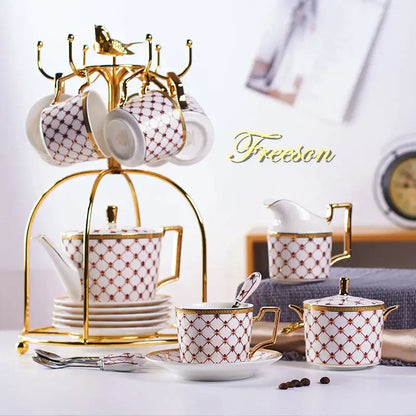 Elegant red and gold porcelain coffee set with white porcelain teacup featuring decorbites gold porcelain trim and lattice pattern