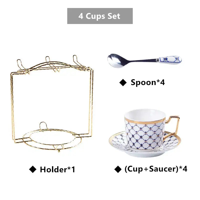 Elegant white porcelain cup with navy blue geometric pattern and gold rim paired with decorbites gold porcelain saucer