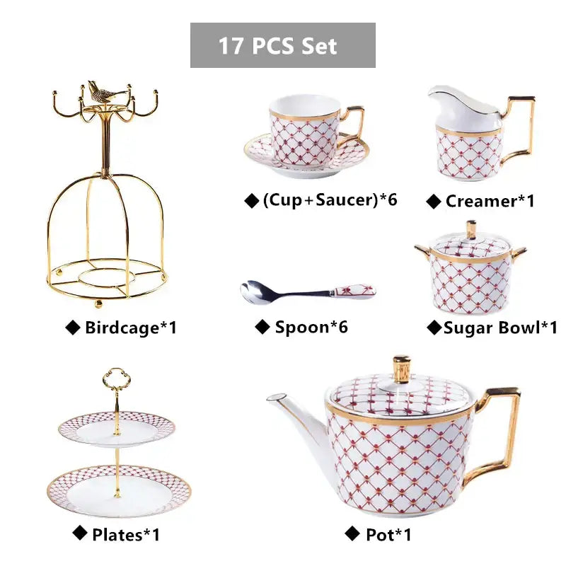 Elegant white porcelain teapot with gold trim and red diamond pattern from the decorbites gold porcelain coffee set