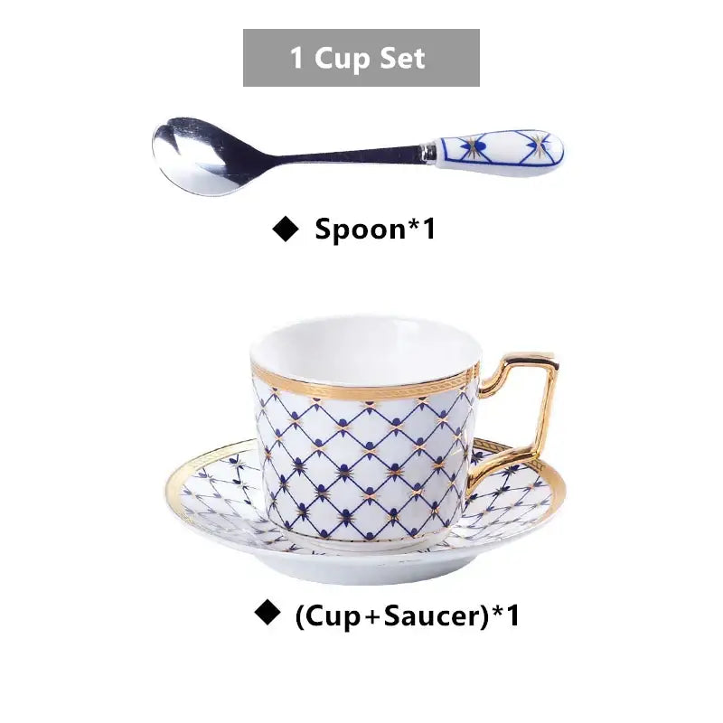 Elegant white porcelain espresso cup and saucer with navy blue lattice and gold trim from Decorbites gold porcelain coffee set