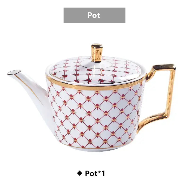 Elegant white porcelain teapot with red and gold lattice pattern and decorbites gold porcelain coffee trim