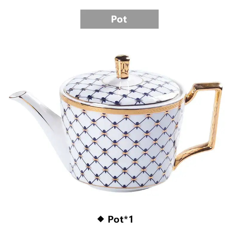 Elegant white porcelain teapot with navy blue and gold lattice pattern featuring decorbites gold porcelain trim