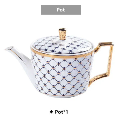 Elegant white porcelain teapot with navy blue and gold lattice pattern featuring decorbites gold porcelain trim
