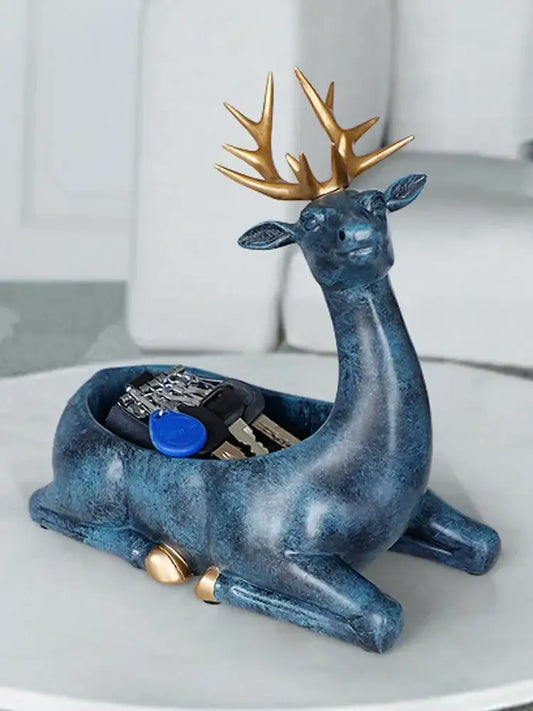 Elegant resin deer blue and gold key holder with metallic antlers for stylish living room decor by decorbites