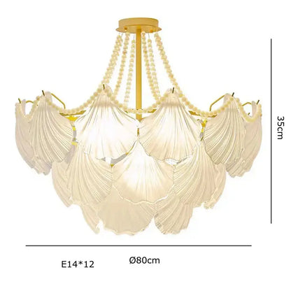Elegant cream pearl chain chandelier with shell glass shades and gold metal frame for dining room decorbites crystal pearl