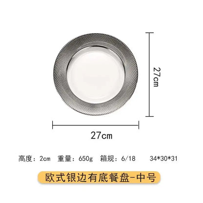 Elegant 27cm european-style glass steak and pasta plate with silver textured rim and smooth white center from tableware collection
