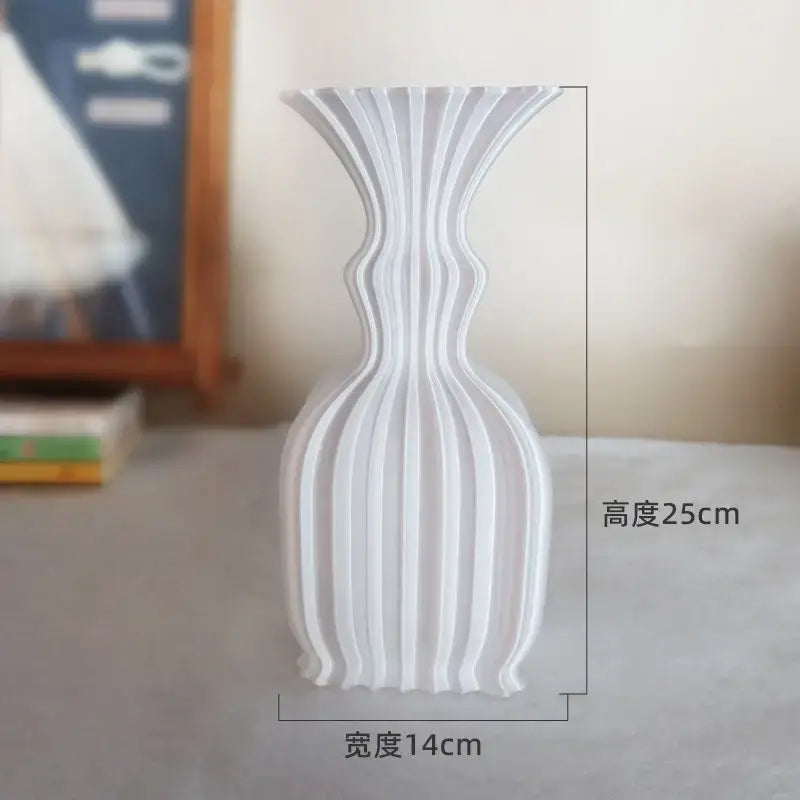 A sleek white ceramic vase with a modern ribbed design and flared top for decorbites elegant living room decorbites elegant high-end