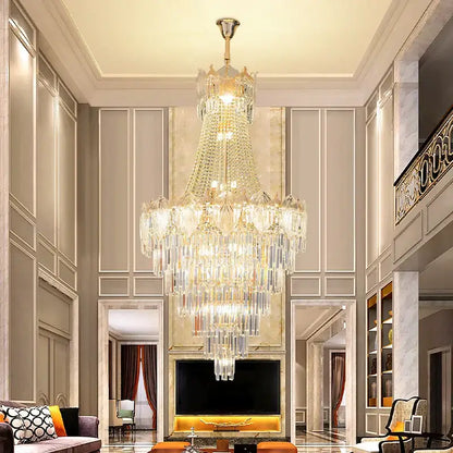 Elegant simple staircase chandelier with gold crystal tiers and faceted glass prisms for decorbites elegant simple decor
