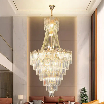 Elegant simple staircase chandelier with gold crystal accents and clear glass prisms for modern decorbites living room decor