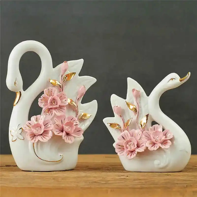 Elegant swan sculpture figurines white ceramic with pink flowers and gold leaf accents for living room decorbites decor