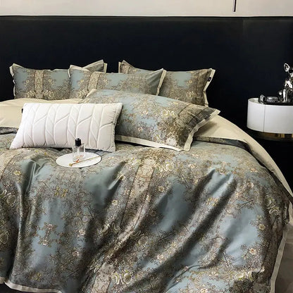 Elegant teal satin duvet cover and pillowcases with intricate gold floral embroidery luxury bedding set for bedroom