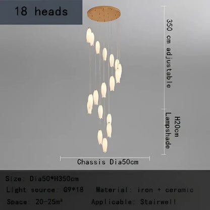 Elegant tulip staircase chandelier with 18 gold frosted ceramic lampshades on circular iron base for stairwells by decorbites