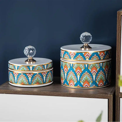 Elegant white and gold crystal ball ceramic jewelry box with decorbites crystal ball knobs and vibrant geometric patterns