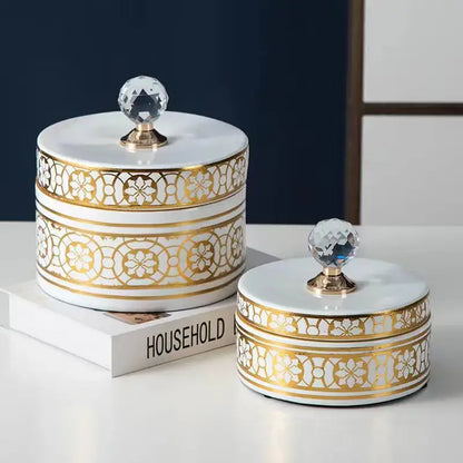 Elegant white and gold crystal ball ceramic jewelry box with faceted crystal knob for bedroom storage by decorbites