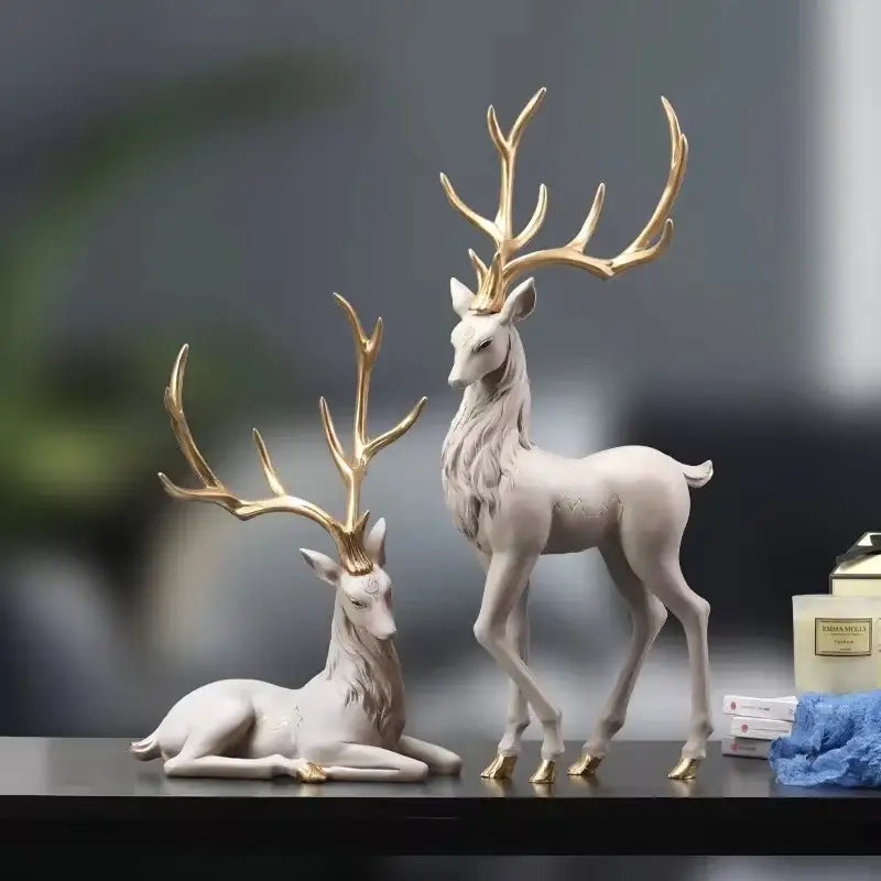 Elegant white resin elk figurine with golden antlers and hooves standing and reclining decorbites deer sculpture