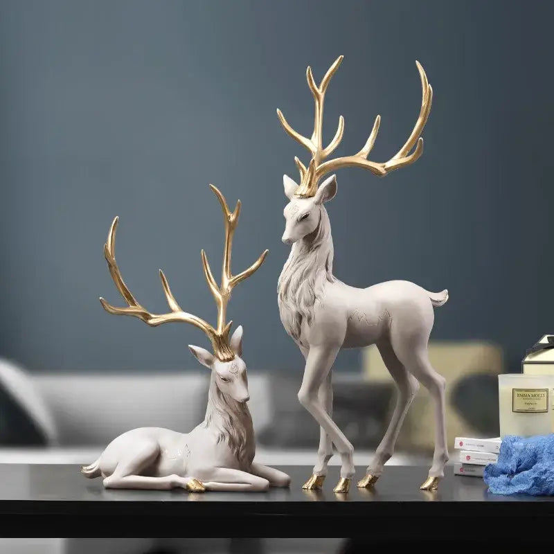 Elegant white resin elk figurine with gold antlers and hooves one standing and one reclining decorbites deer sculpture