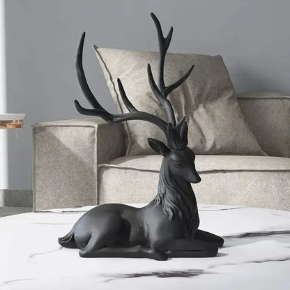 Black resin decorbites deer sculpture elk figurine with detailed antlers and lifelike pose for living room decor