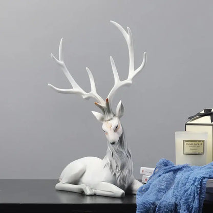 A sleek white ceramic elk figurine with intricate antlers and subtle grayish mane decorbites deer sculpture for living room decor